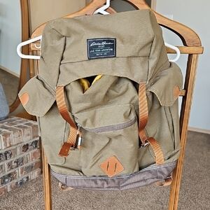 Eddie Bauer Olive Green Canvas Roll-Top Backpack with Brown Accents